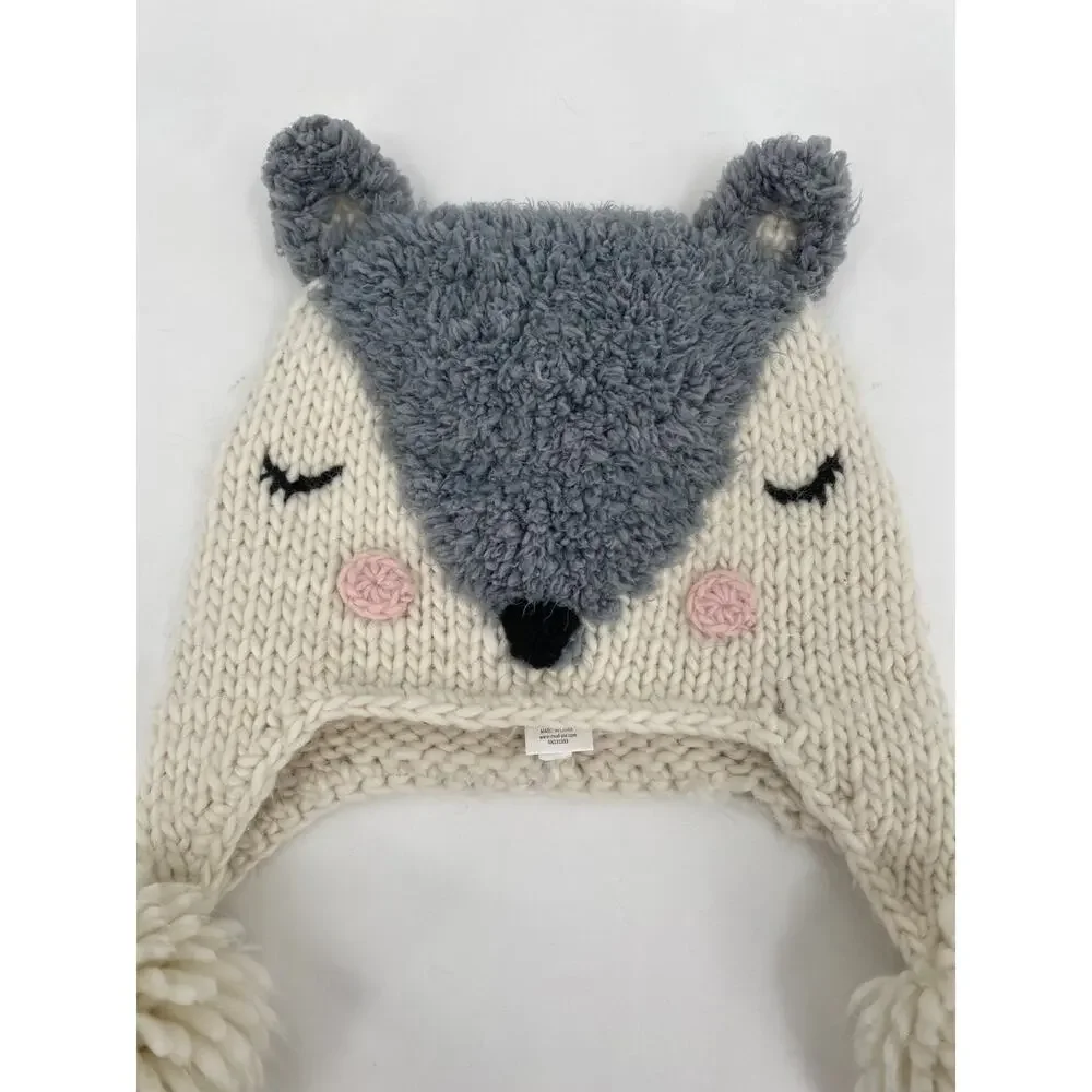 Mud Pie Toddler Knit Winter Hat Grey Fox Size 2t-5t Pom Pom Ear Flaps